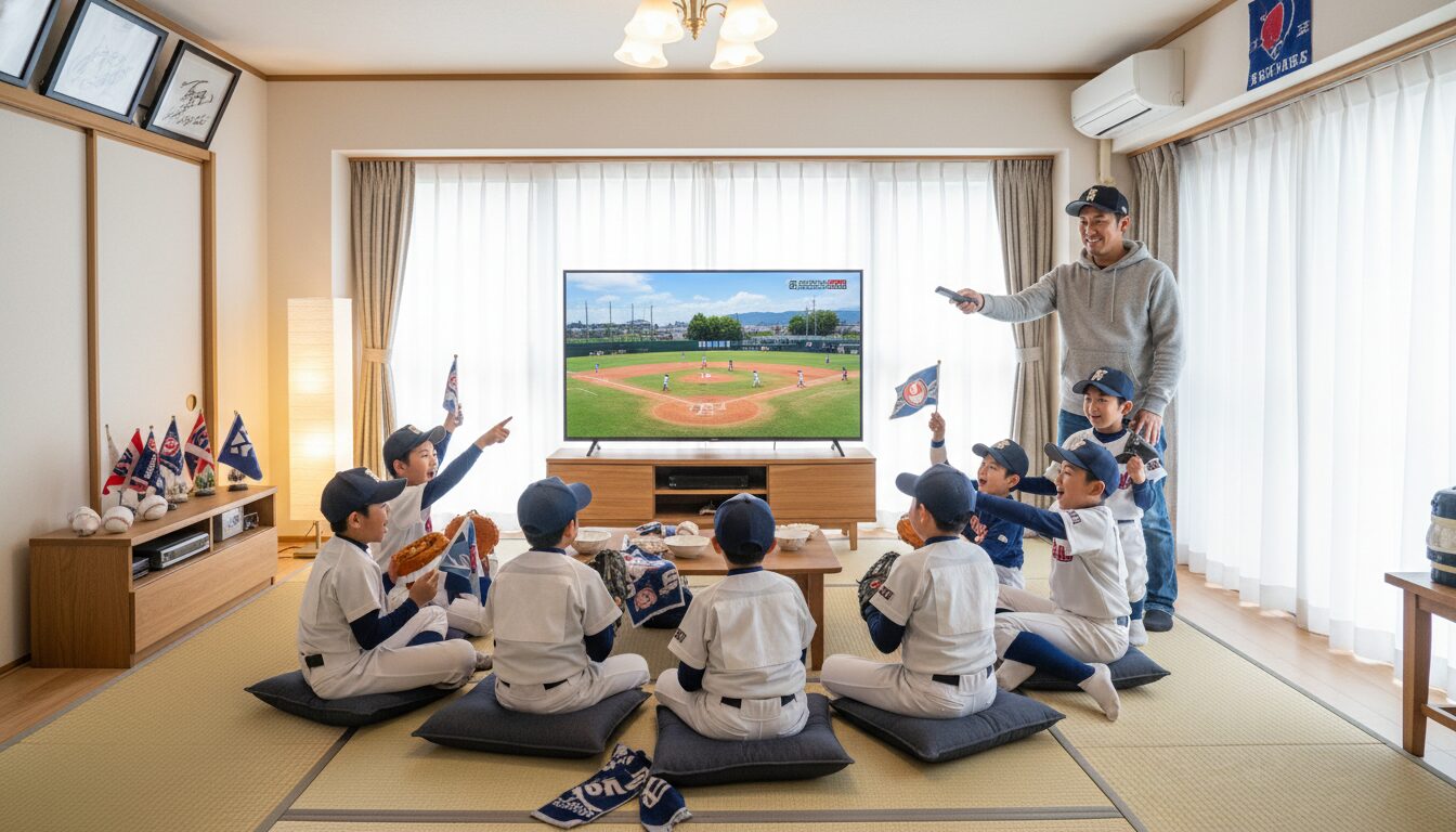リビングでテレビの大画面を囲んで高校野球を観戦し盛り上がる野球少年たちと、リモコンを持って笑顔で見守る父親(生成AIによるイメージ)