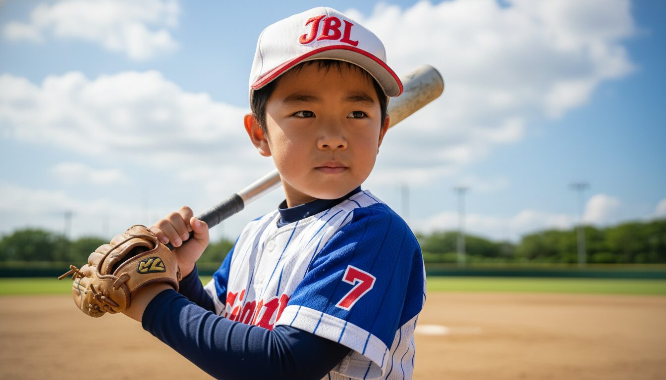 自信に満ちた表情でバットを持つ小柄な野球少年(生成AIによるイメージ)