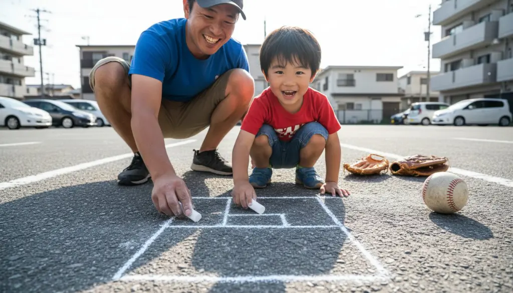 地面にチョークで線を引いて簡易コートを作る親子(生成AIによるイメージ)