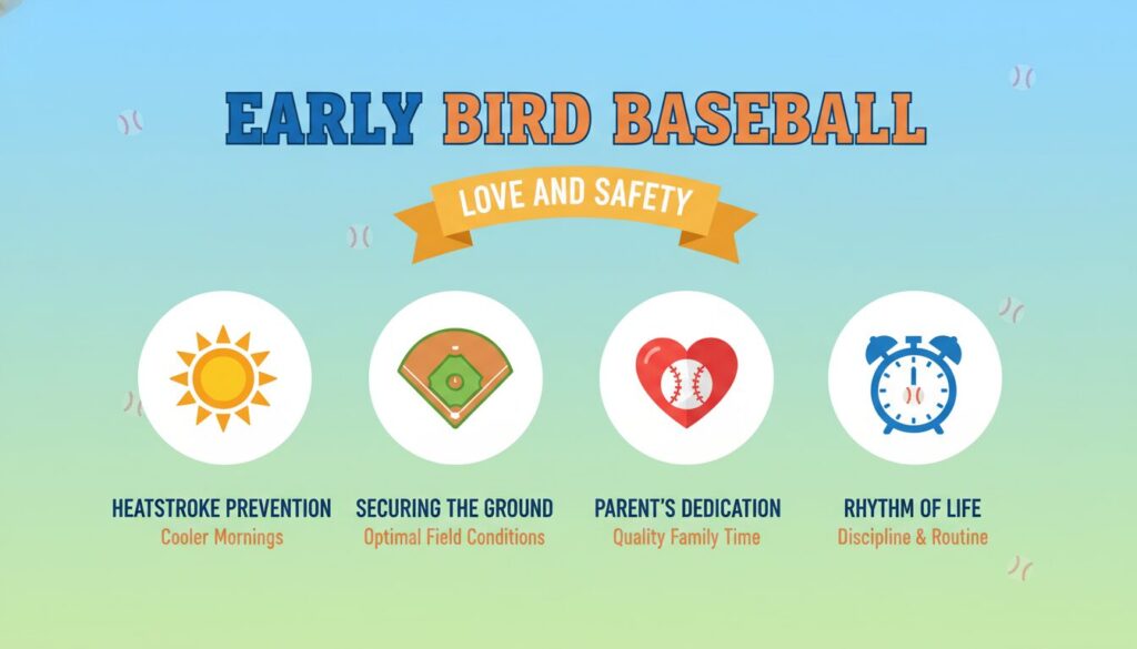 少年野球の早起きがもたらすメリットと理由の図解(生成AIによるイメージ)