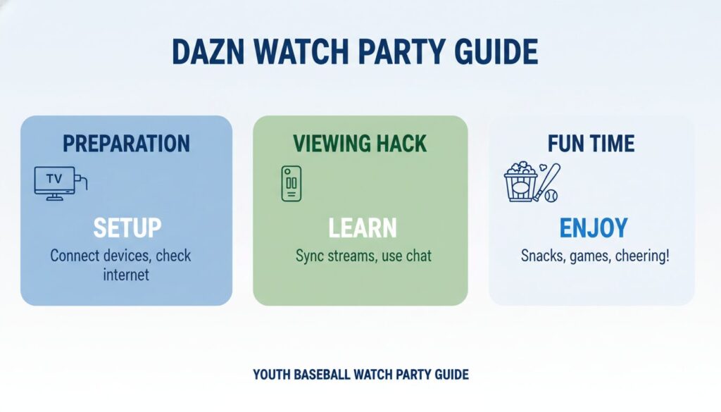 DAZN観戦会の開催手順とポイントをまとめたインフォグラフィック(生成AIによるイメージ)