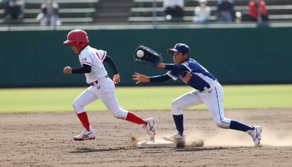 少年野球の一塁ベースでのクロスプレーと交錯の危険性(生成AIによるイメージ)
