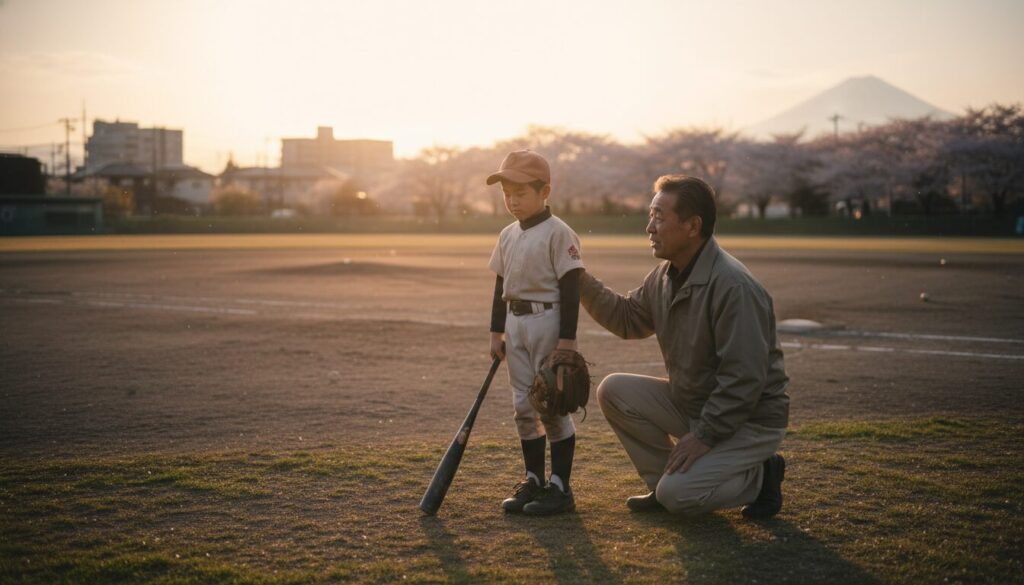 悩める野球少年に寄り添い声をかける父親(生成AIによるイメージ)