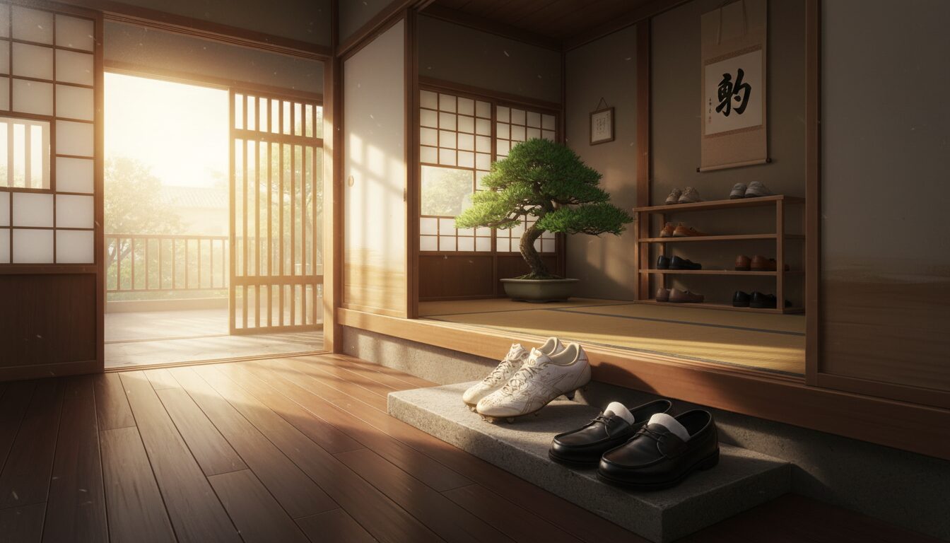 玄関に並んだ泥だらけのスパイクと学校の上履き(生成AIによるイメージ)