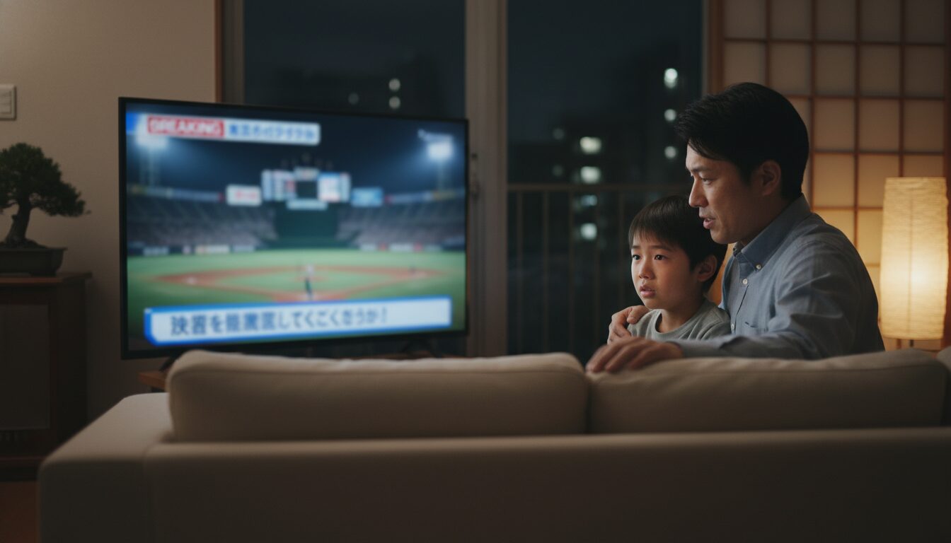 ニュースを見てショックを受ける息子に語りかける父親(生成AIによるイメージ)