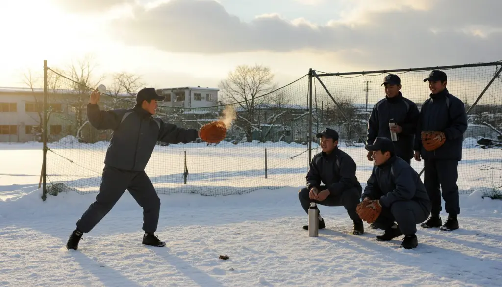 2011年冬の福島で、限られたスペースでも工夫して練習する野球少年たちのイメージ(生成AIによるイメージ)