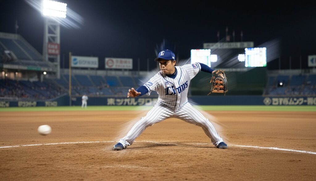 俊敏な守備を見せる小柄なプロ野球選手(生成AIによるイメージ)