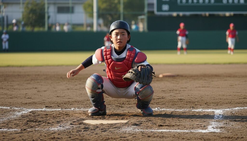 合同チームで扇の要を任され、真剣な眼差しでサインを出す少年キャッチャー(生成AIによるイメージ)