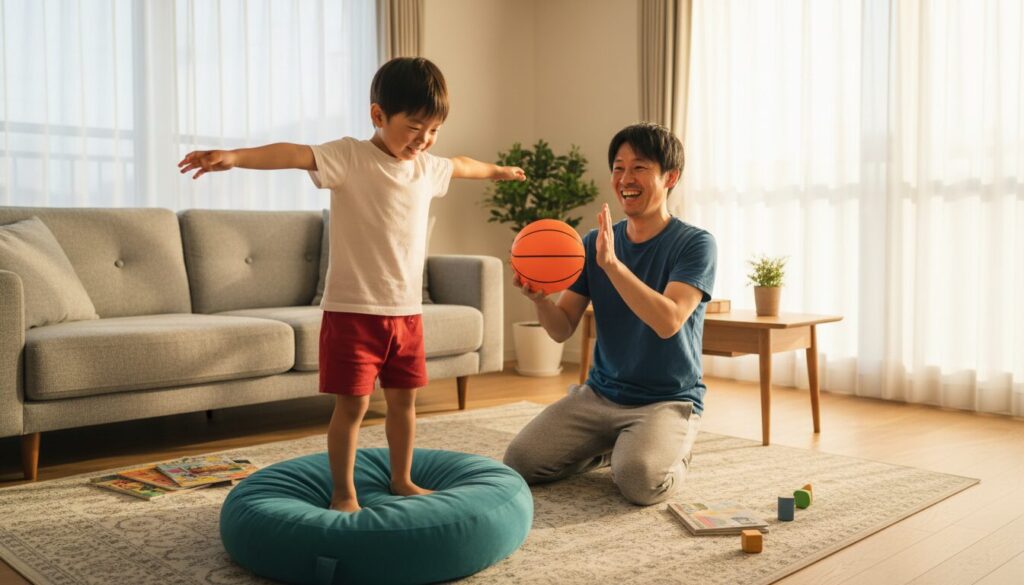 リビングでバランス感覚を鍛える親子トレーニング(生成AIによるイメージ)