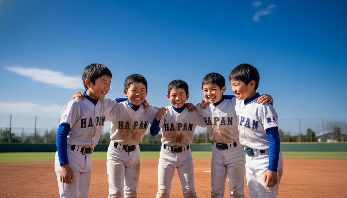 少人数でも結束力は最強！笑顔で円陣を組む少年野球チーム(生成AIによるイメージ)