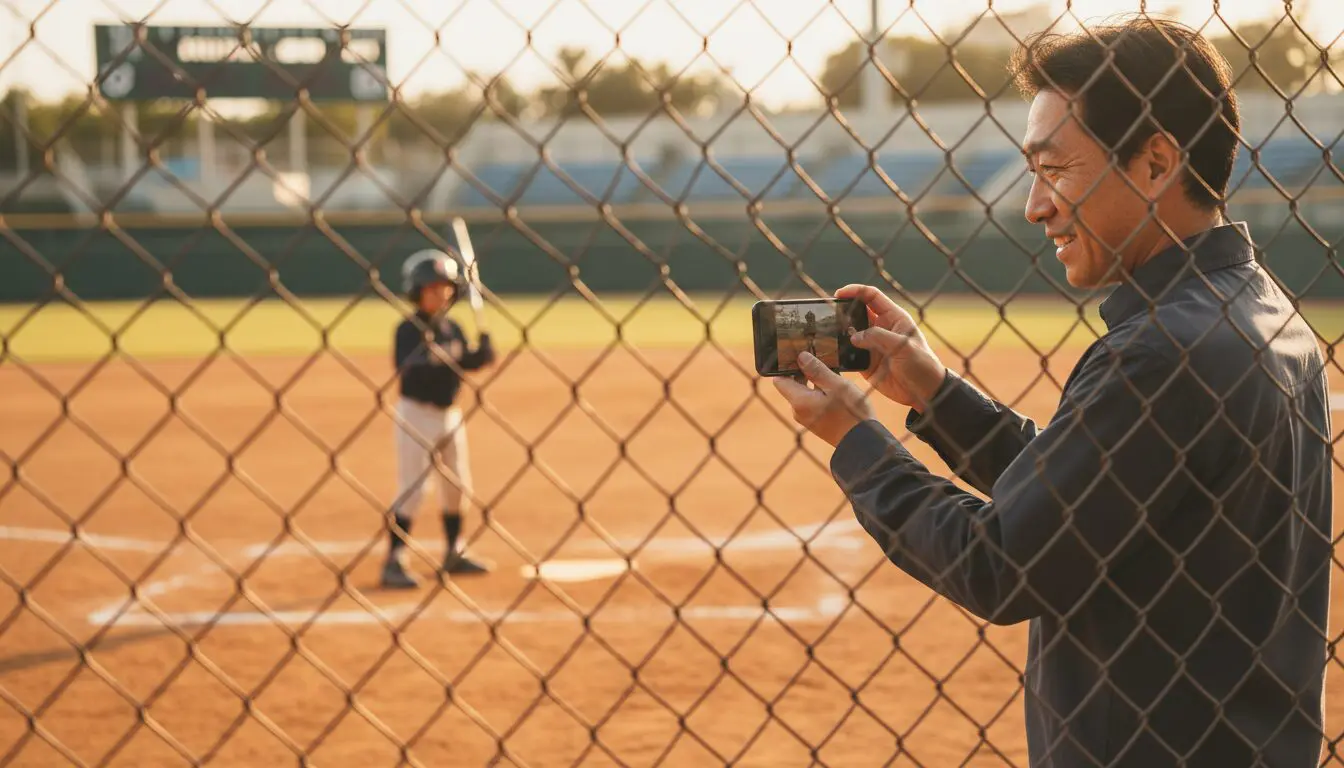 バッターボックスに立つ息子をバックネット裏からスマホで撮影する父親の姿(生成AIによるイメージ)