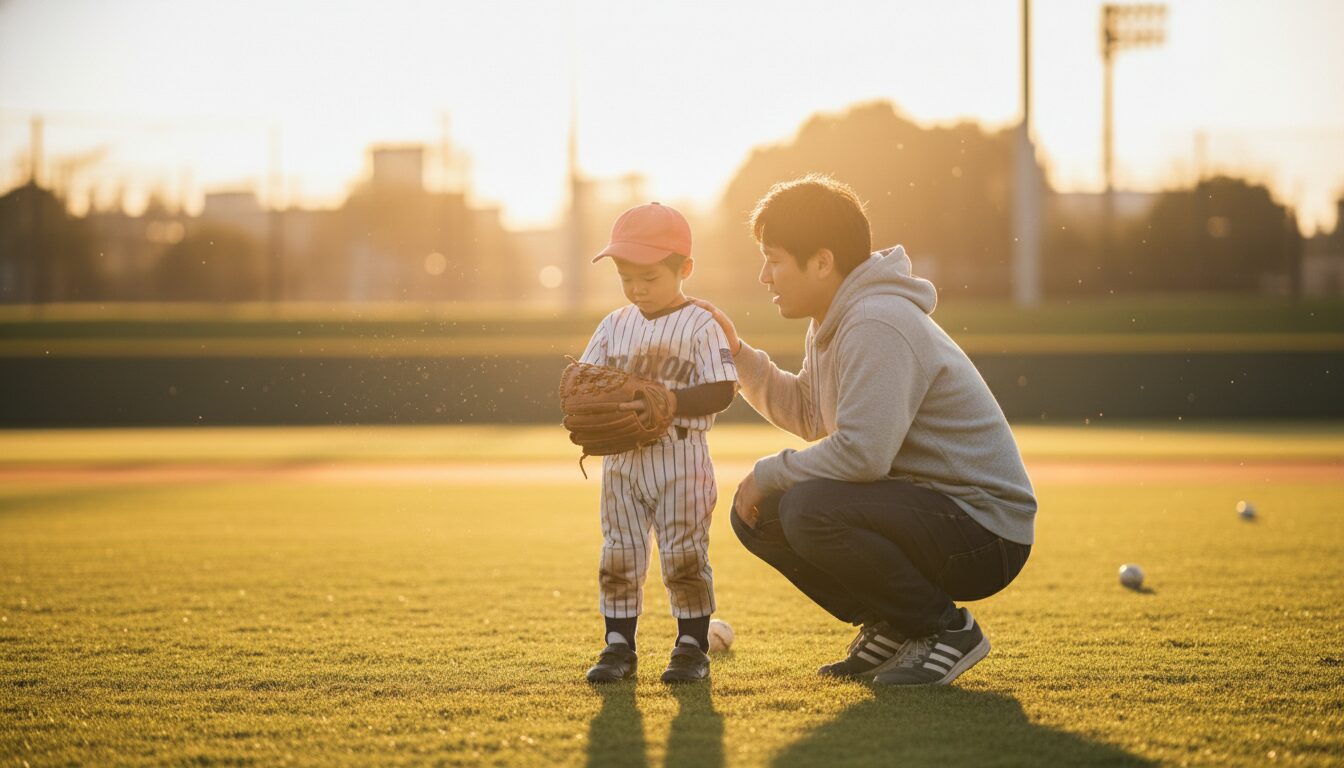 夕暮れのグラウンドで落ち込む野球少年を励ます父親(生成AIによるイメージ)