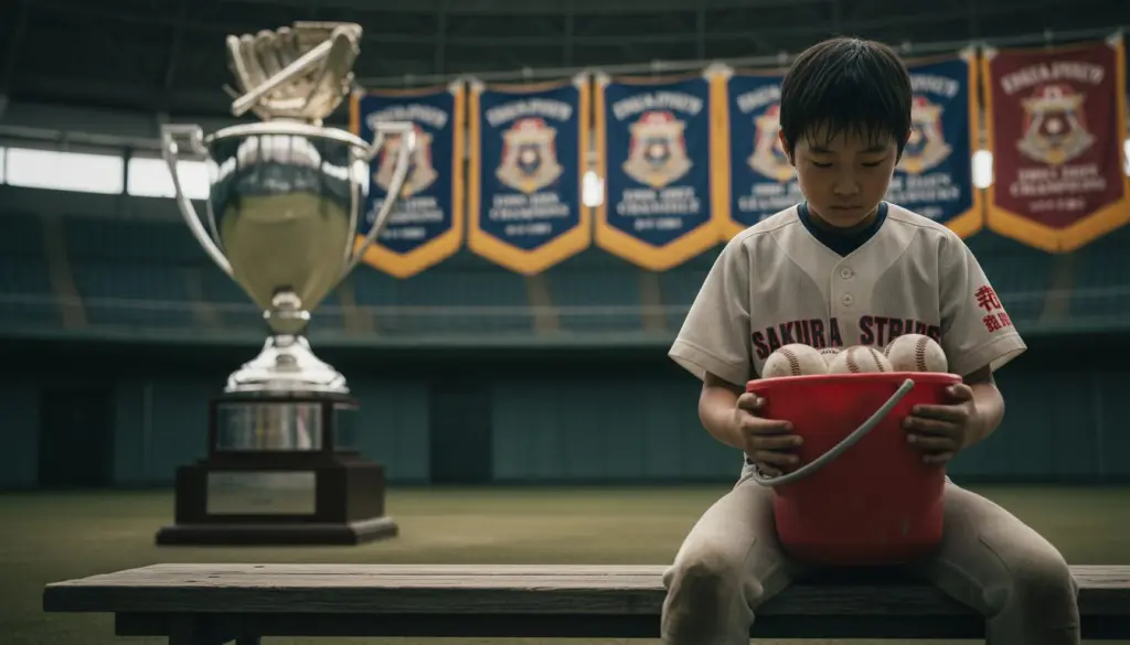強豪チームのトロフィーと、その傍らでボール拾いをする少年の対比(生成AIによるイメージ)