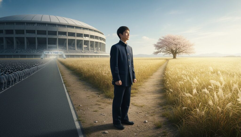 人生の岐路で新しい道を選ぶ少年の後ろ姿(生成AIによるイメージ)