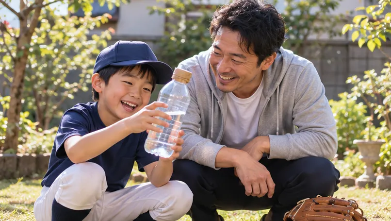 庭で水入りのペットボトルを一緒に観察し、笑い合う父親と少年野球の子ども(生成AIによるイメージ)