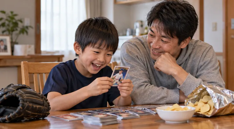 自宅の食卓で、開封した野球カードを見て喜びを分かち合う父と息子（生成AIによるイメージ）