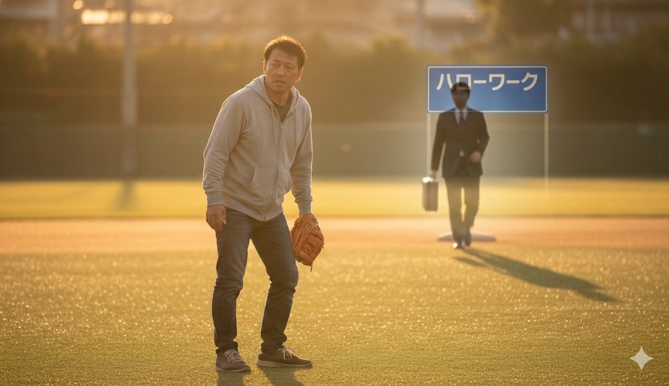少年野球のグラウンドで不安げながらも決意の表情を見せる未経験の父親と、背景に重なるスーツ姿の元プロ野球選手のイメージ(生成AIによるイメージ)