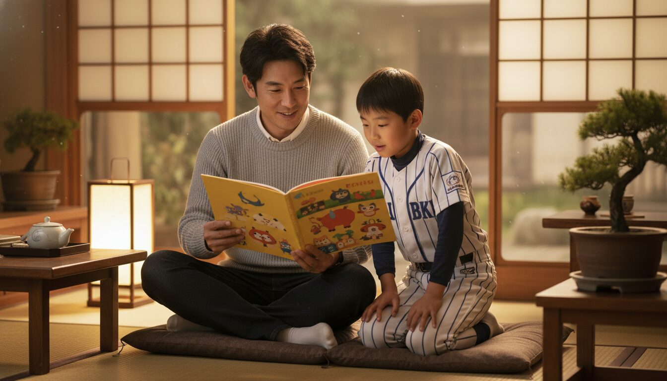リビングで野球少年の息子に絵本を読み聞かせる優しい父親の様子(生成AIによるイメージ)