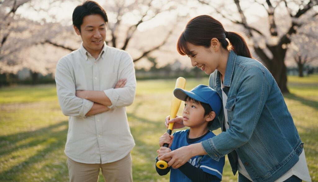 息子のソフトボール練習を優しく見守る母親とそれに気づく父親(生成AIによるイメージ)