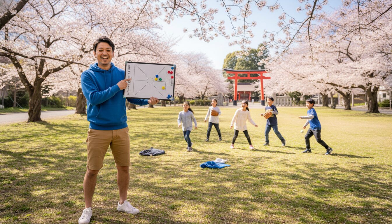 作戦ボードを持って微笑む未経験パパと楽しそうに野球をする子供たち(生成AIによるイメージ)