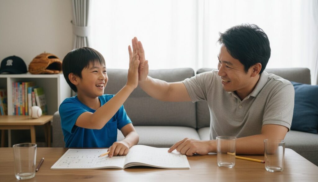 算数のドリルを解いて父親と笑顔でハイタッチする小学生の男の子(生成AIによるイメージ)