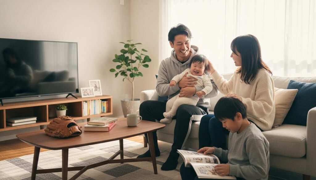 リビングで妻と子供たちと笑顔でくつろぐ、家族の時間を大切にする父親(生成AIによるイメージ)
