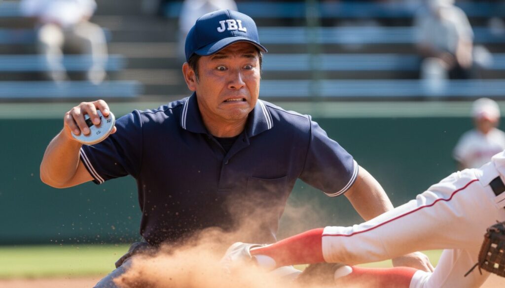 少年野球の試合で緊張しながら塁審を務める父親のクローズアップ(生成AIによるイメージ)