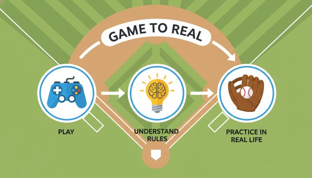 ゲームでの遊びをリアルの野球上達につなげる循環サイクルの図解(生成AIによるイメージ)