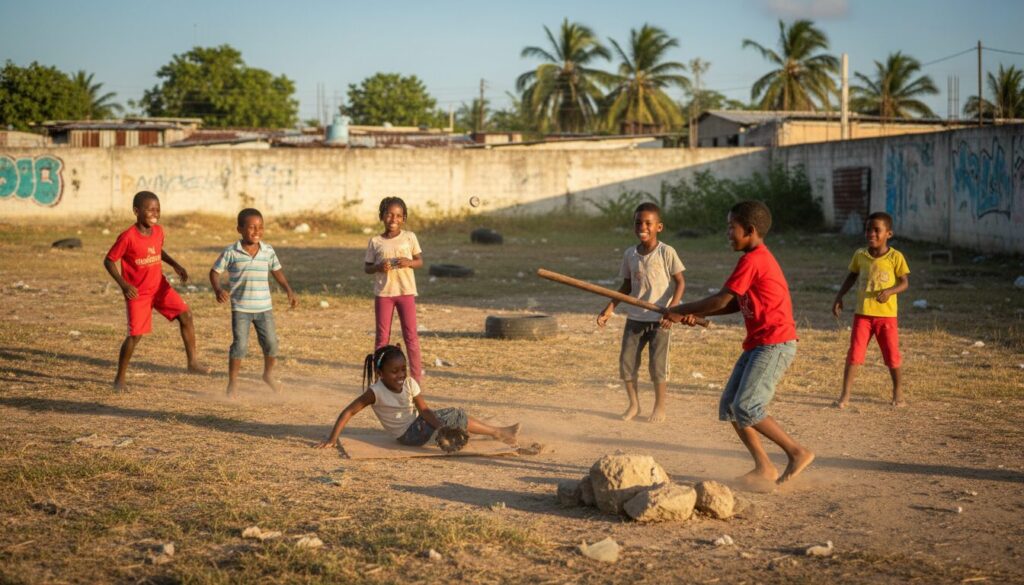 空き地で棒切れを使って楽しそうに野球遊びをするドミニカの子供たち(生成AIによるイメージ)