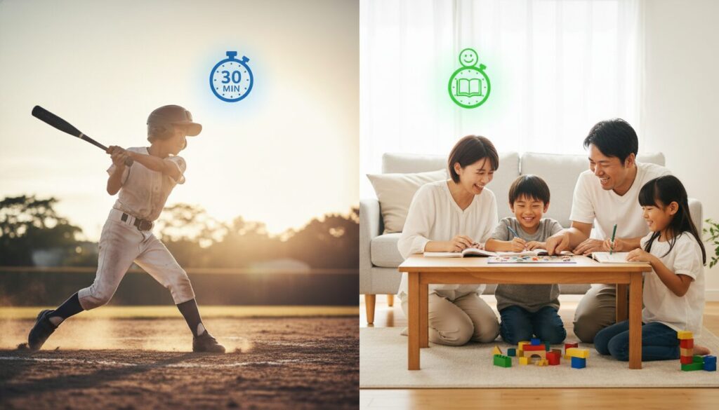 短時間集中で練習し、家族の時間も大切にする少年野球選手(生成AIによるイメージ)