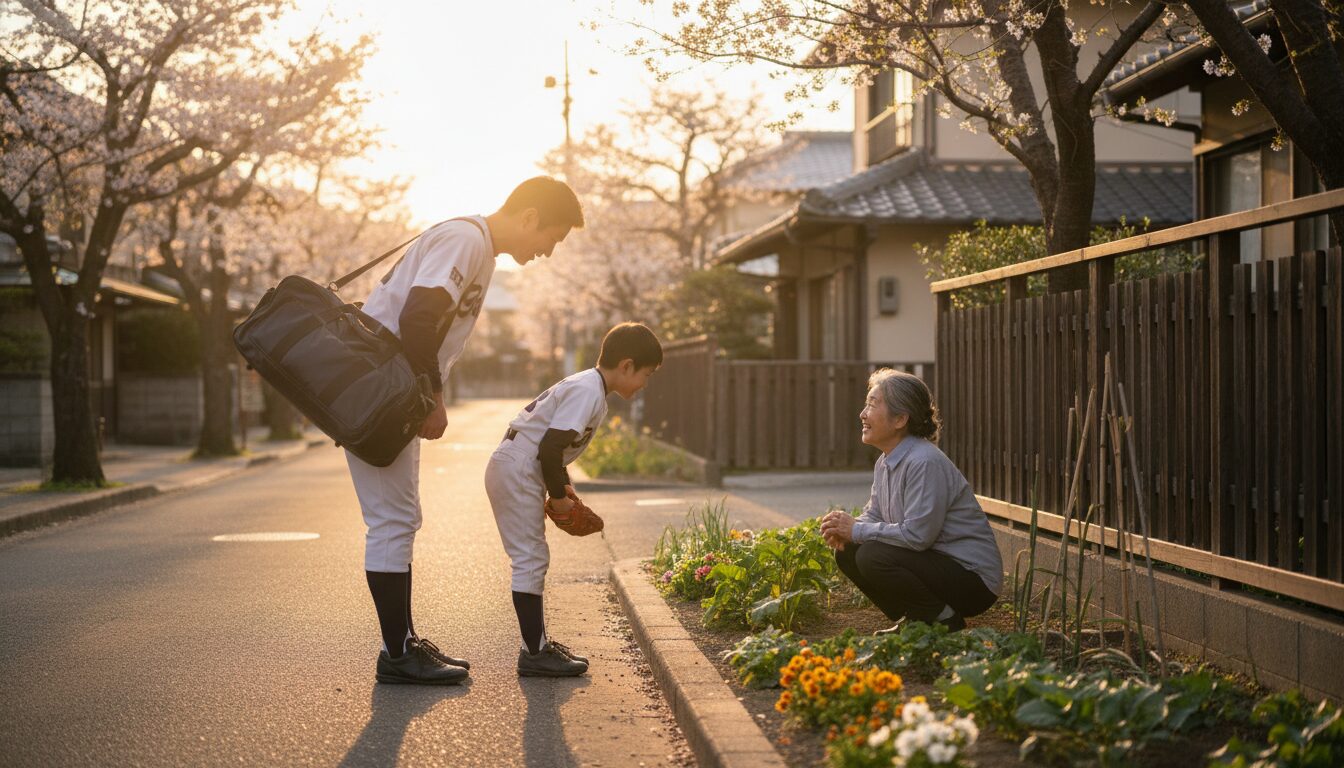 夕暮れの帰り道、近所の人に挨拶をする野球少年と父親(生成AIによるイメージ)
