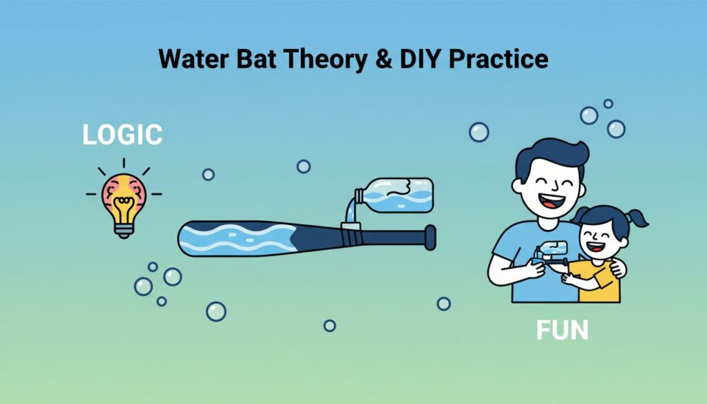 水バットの理論と手作り練習道具、そして親子の楽しみを表現したインフォグラフィック(生成AIによるイメージ)