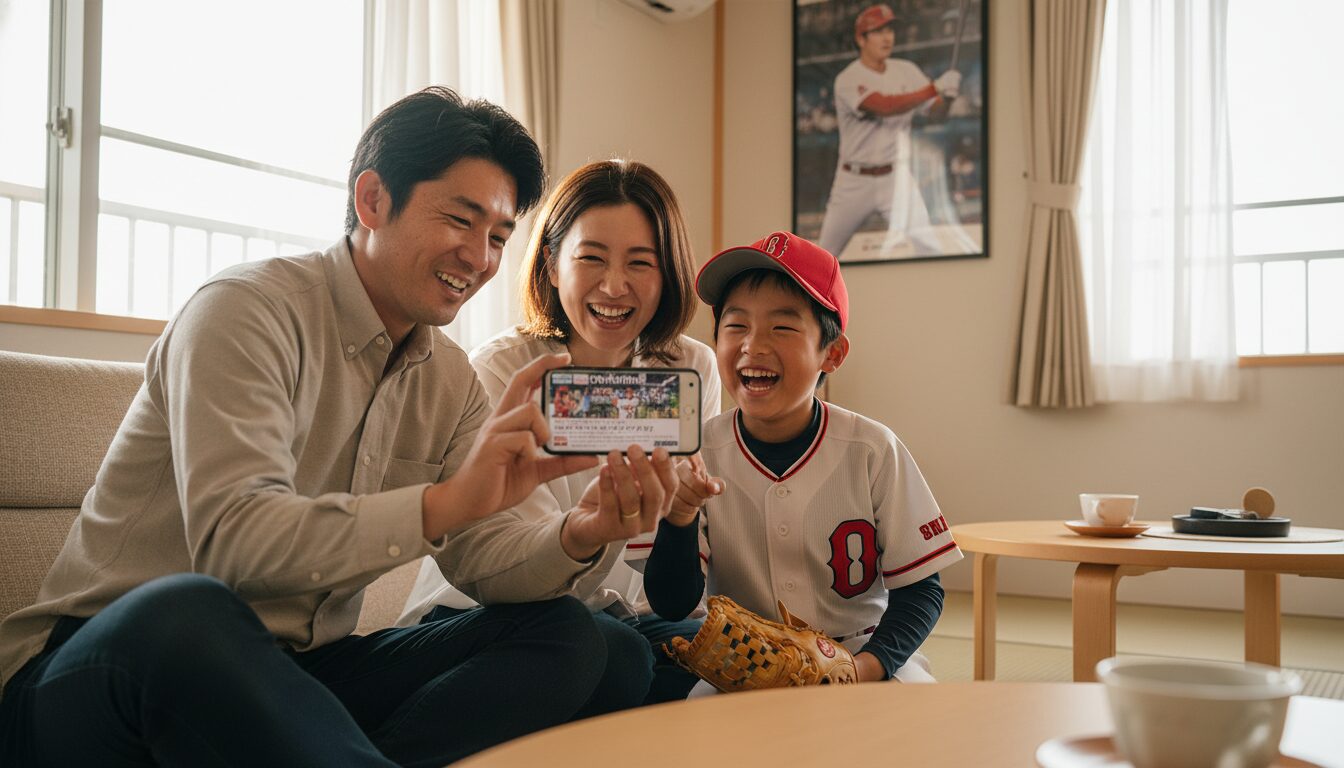 リビングで笑顔で会話する野球少年の家族と大谷翔平のニュースを見る父親(生成AIによるイメージ)