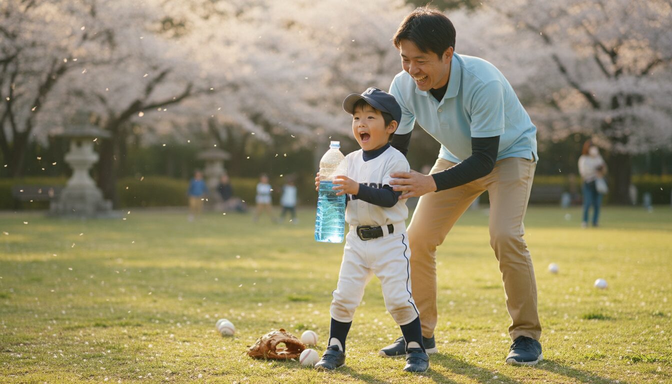 ペットボトルを使って楽しくバッティング練習をする日本人の親子(生成AIによるイメージ)