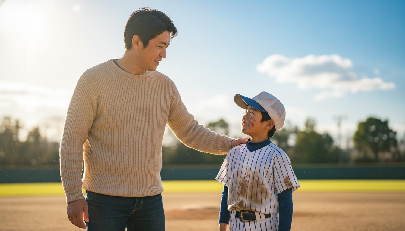 泥だらけのユニフォームを着た息子の肩に優しく手を置く笑顔の父親(生成AIによるイメージ)