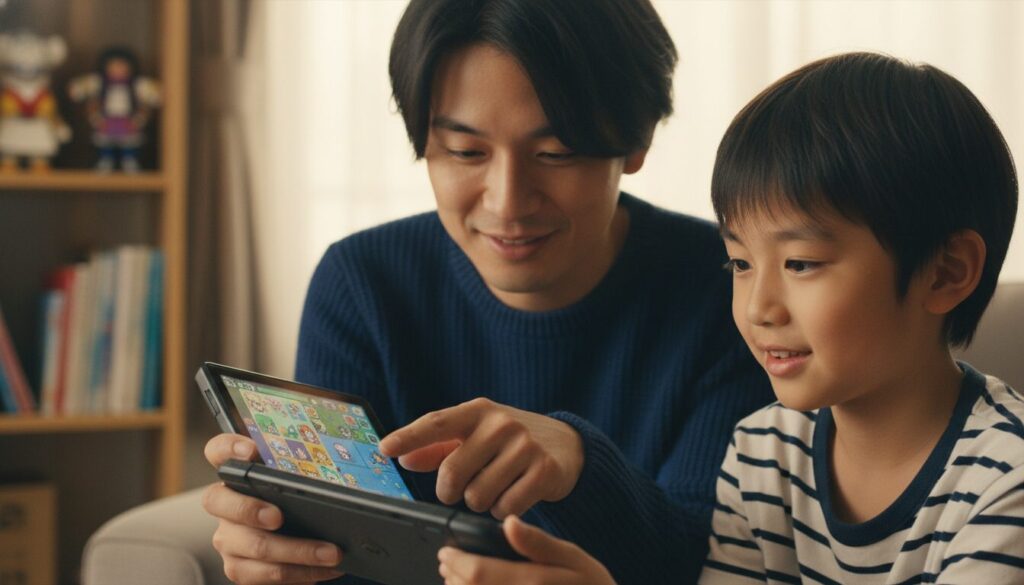 ゲーム画面を指差しながら子供に野球の戦略を優しく教える父親(生成AIによるイメージ)