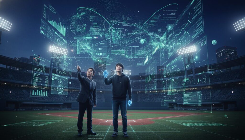 野球場に浮かび上がるデータ分析のイメージ(生成AIによるイメージ)