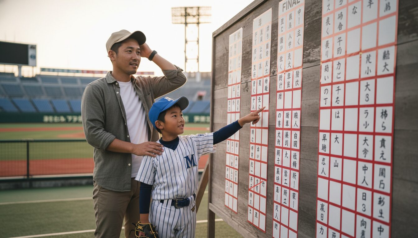 ベイスターズ杯と文科杯の組み合わせ表を前に進路を話し合う親子(生成AIによるイメージ)
