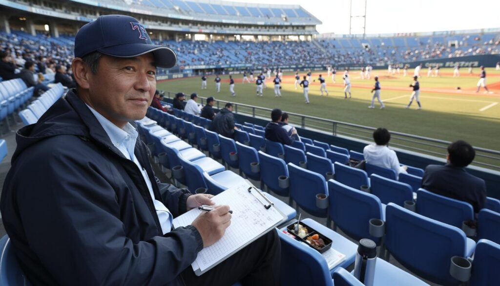 練習見学でチームの行動をチェックする野球パパ(生成AIによるイメージ)