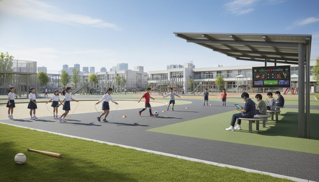 多様な遊びが広がる現代の日本の小学校の校庭(生成AIによるイメージ)