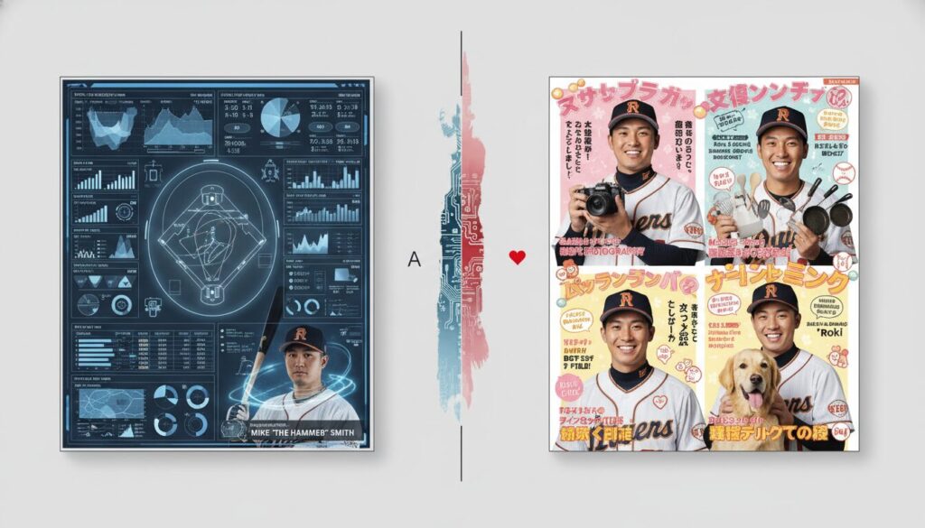 MLBのデータ主義と日本の人間味あふれる名鑑の対比イメージ(生成AIによるイメージ)