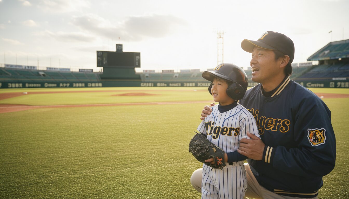 希望に満ちた表情で野球のグラウンドを見つめる少年野球の親子(生成AIによるイメージ)