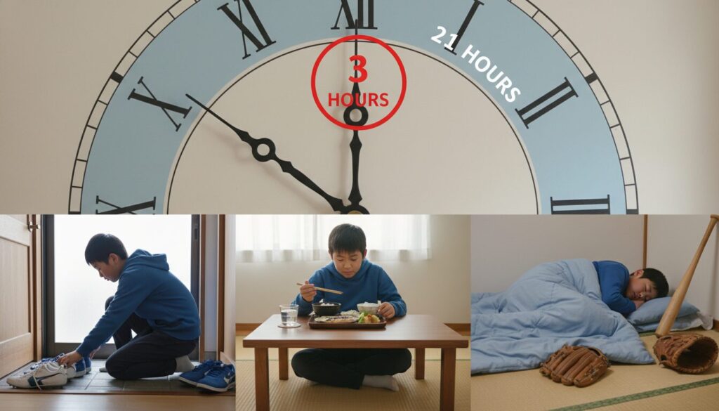 野球以外の21時間の過ごし方(靴を揃える、食事、睡眠)(生成AIによるイメージ)