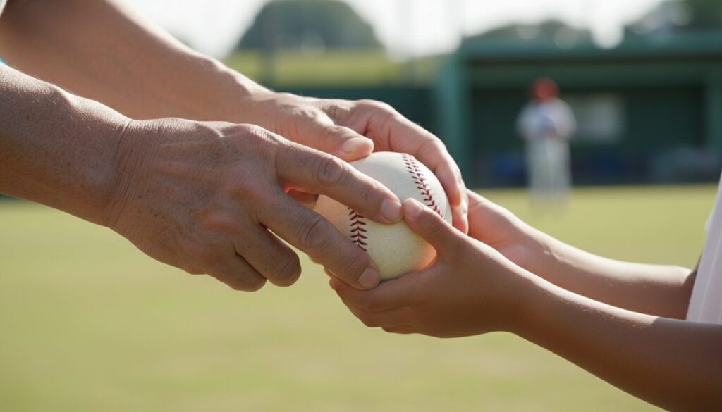 ベテランから正しいボールの握り方を教わる少年(生成AIによるイメージ)
