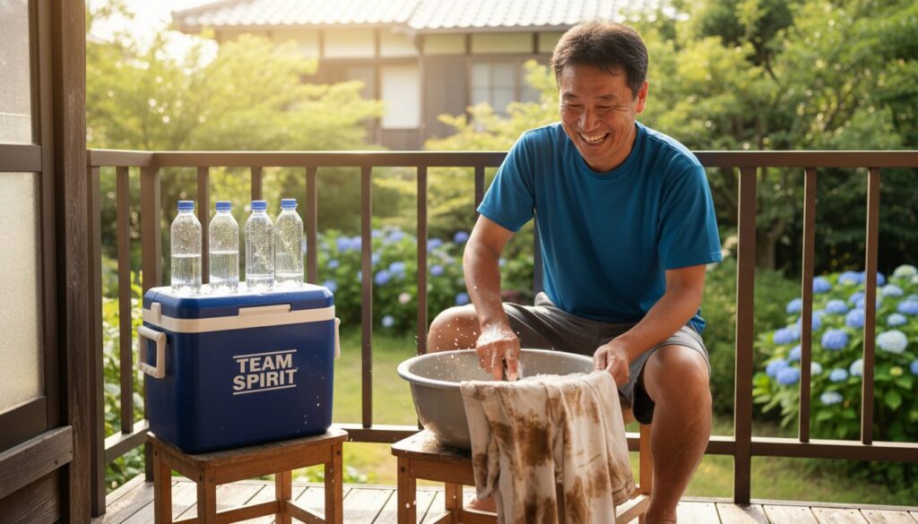 晴れた日に笑顔で子供の泥だらけのユニフォームを洗う父親(生成AIによるイメージ)