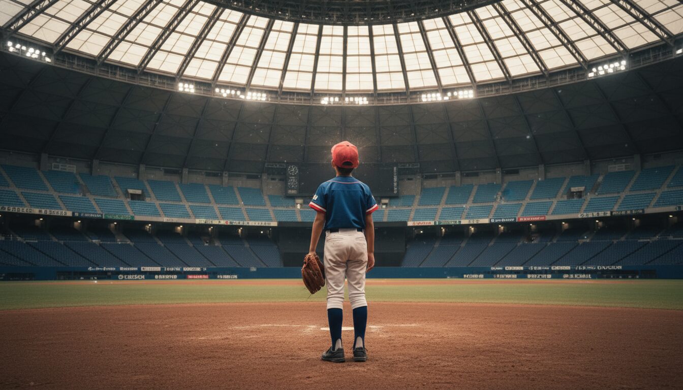 京セラドームのグラウンドに立つ野球少年(生成AIによるイメージ)