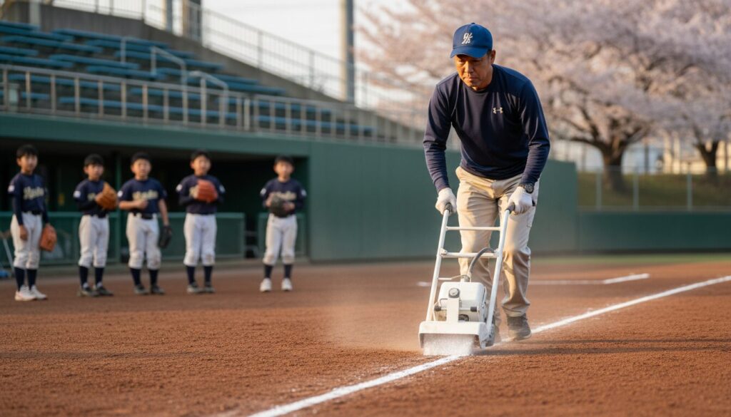 グラウンドに丁寧にラインを引く少年野球のパパ(生成AIによるイメージ)
