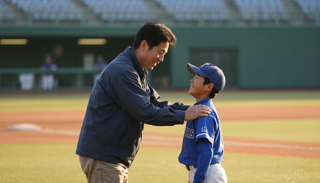 試合後に笑顔で息子の肩を叩き、優しく励ます父親(生成AIによるイメージ)