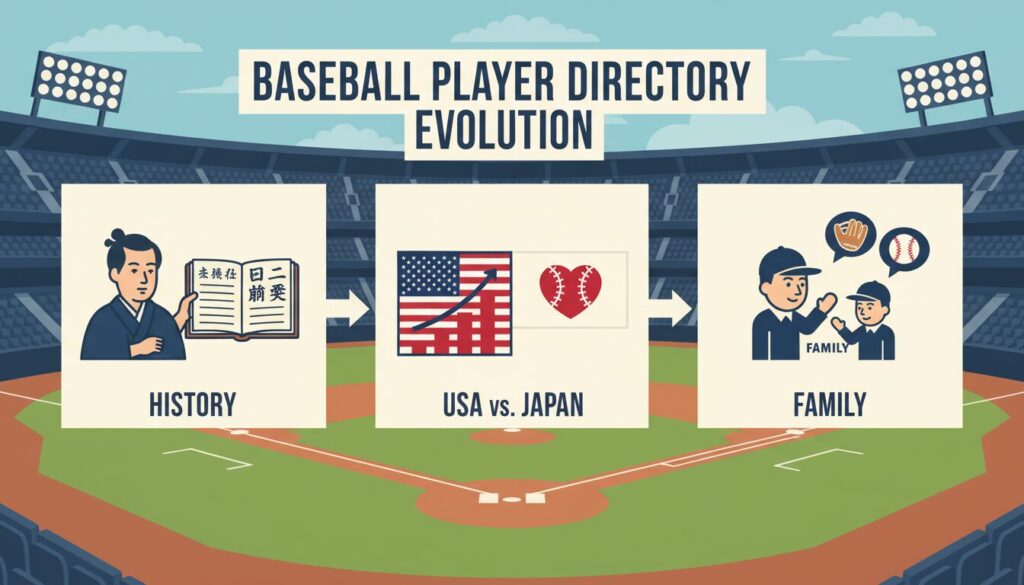 プロ野球選手名鑑の歴史と活用法のまとめインフォグラフィック(生成AIによるイメージ)