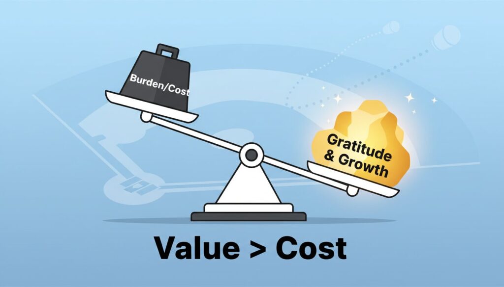 当番の負担よりも得られる感謝と成長の方が重いことを示す天秤のイラスト(生成AIによるイメージ)